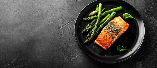 Elegant restaurant menu idea featuring a Seared salmon fillet with golden crispy skin, arranged alongside roasted asparagus on a sleek black plate with copy space image.