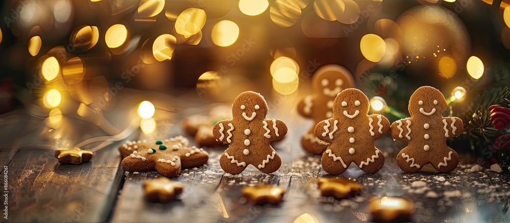 Poster a festive scene with gingerbread cookies displayed on a table surrounded by christmas lights creatin