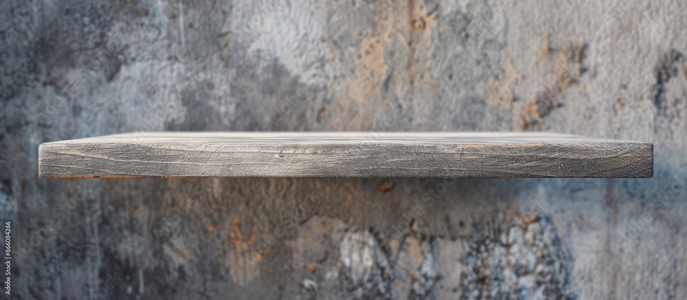 Poster a gray wooden shelf with no items on it, shown in soft focus to capture its surface, ideal for inter