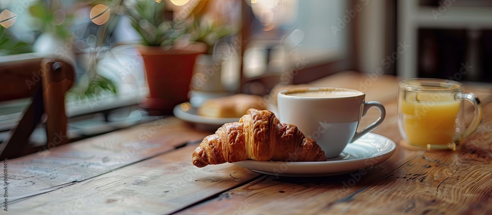 Poster Breakfast consisting of coffee and a croissant, captured with a shallow depth of field in a copy space image.