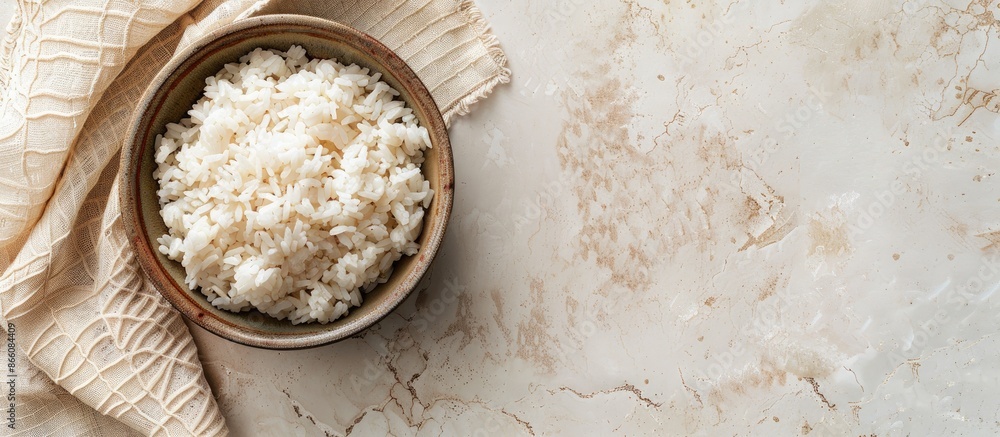 Poster Top view of a bowl of boiled rice on a light background with ample copy space image.