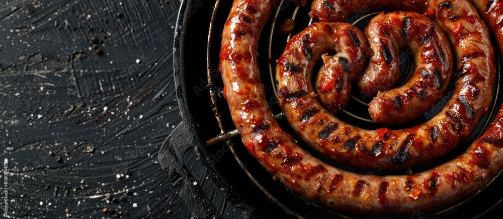 Poster top-down view of barbecue grilled spiral pork sausages on a grill, set against a black background wi