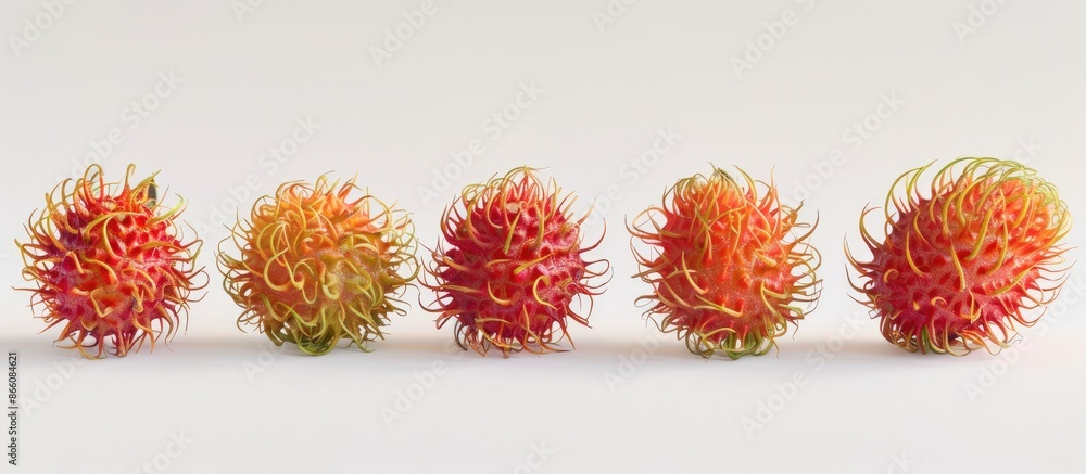 Poster five rambutans displayed on a white backdrop with isolated background and copy space image, showcasi