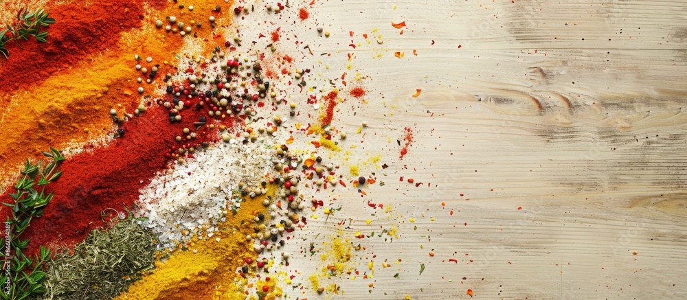Poster Colorful spices arranged on a wooden surface with space for text, seen from above in a copy space image.