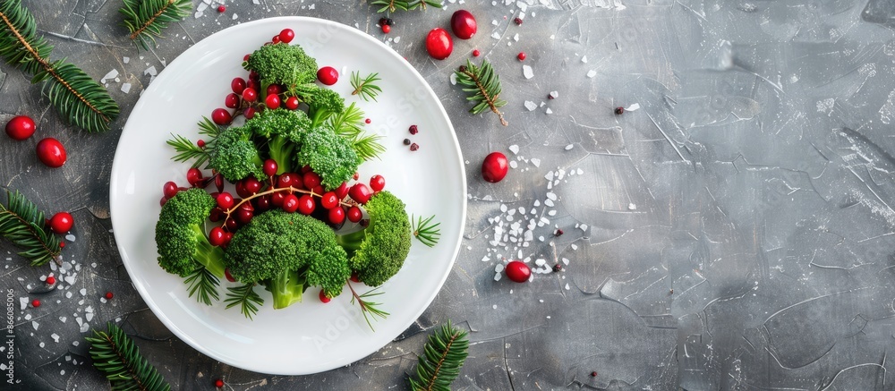 Aufkleber Top view of a festive broccoli and cranberry tree on a white plate, set against a textured grey stone background with ample copy space image.