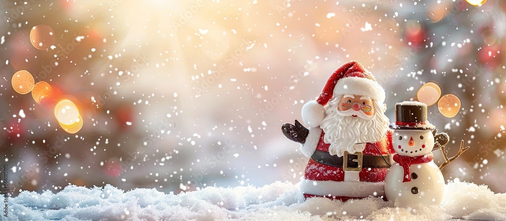 Fototapete Festive Christmas decorations featuring Santa Claus and a snowman on a snowy backdrop with space for text or images. Copy space image. Place for adding text and design