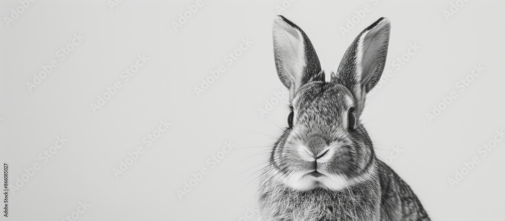 Poster black and white adorable rabbit on a white background with copy space image.