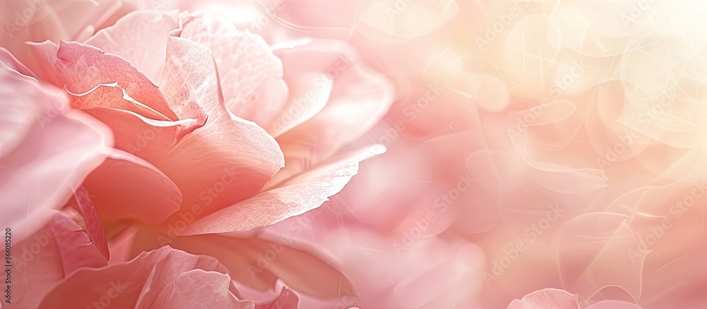 Poster soft pastel floral card with blurred delicate rose petals as an unfocused abstract flower backdrop, 