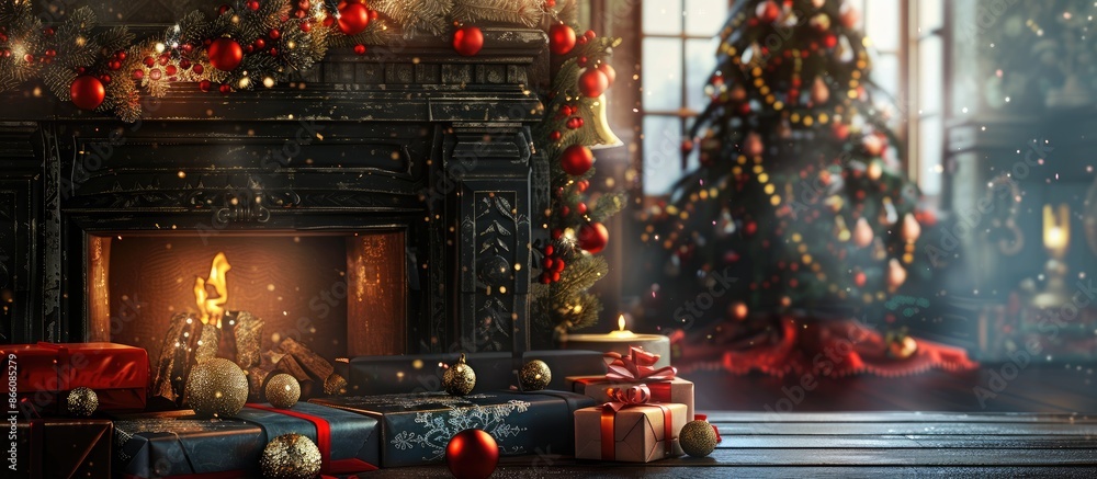 Fototapete Table background with ample copy space image for decoration, complemented by a festive fireplace adorned with a Christmas tree in the backdrop.