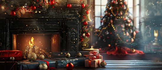 Table background with ample copy space image for decoration, complemented by a festive fireplace adorned with a Christmas tree in the backdrop.