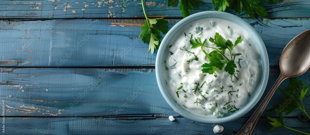 Poster light blue wooden table with a bowl of fresh sour cream topped with parsley and a spoon, ideal for a
