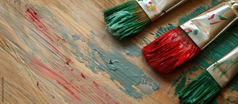 Poster close-up flat lay of red and green paint brushes on a wooden surface, conveying a design concept wit