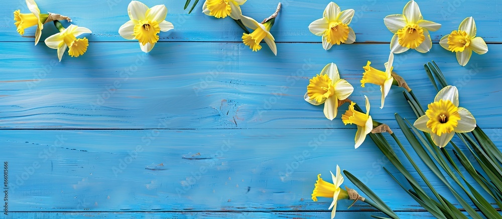 Poster Top down view of lovely daffodils arranged on a blue wooden surface with room for text in the image. Copy space image. Place for adding text and design