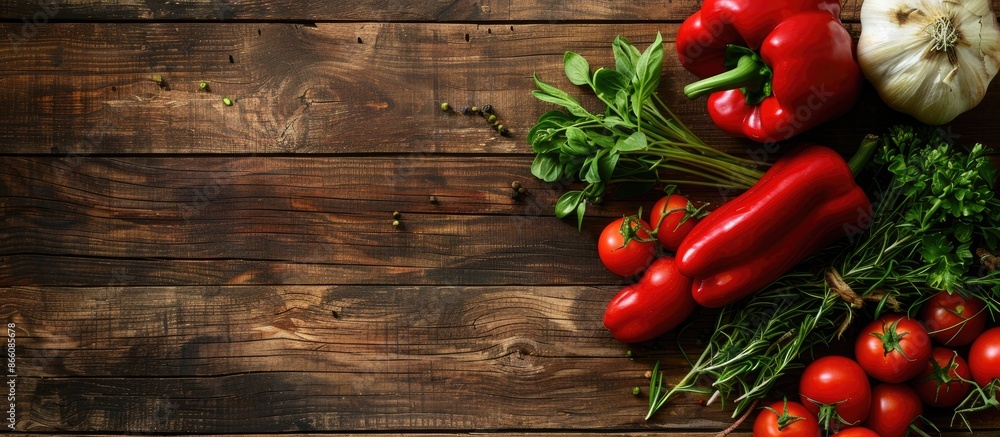 Aufkleber Top view of vegetables arranged on a wooden table with copy space image.