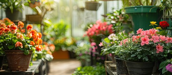 Copy space image of potted flowers and plants displayed in a flower shop and within a greenhouse, showcasing tropical flowers being grown at home with selective focus on natural flora.