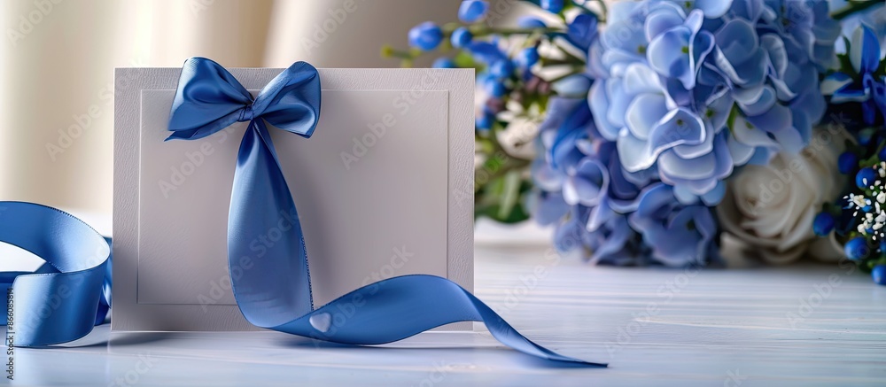 Fototapete A blue satin ribbon and a card are displayed on a bright surface with an area available for inserting an image. Copy space image. Place for adding text and design