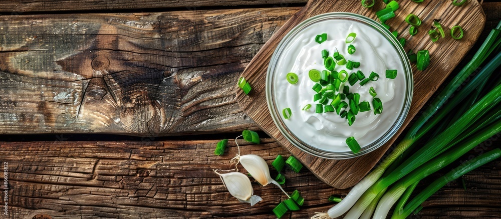 Aufkleber top-down view of a glass bowl filled with sour cream beside a cutting board with chopped green onion