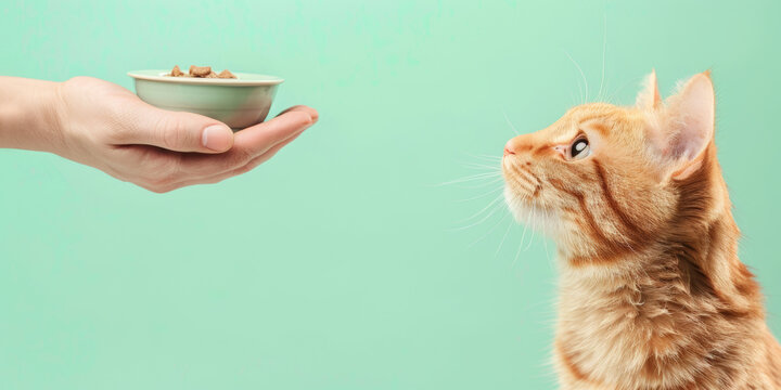 A ginger tabby cat looks up expectantly at a hand holding a bowl of cat food against a light green background, cat feeding concept.