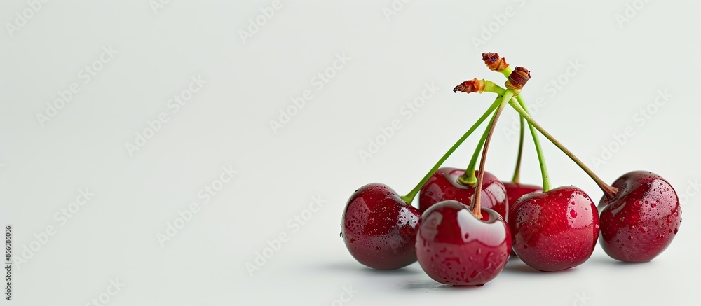 Poster close-up image of four cherry berries on a white background with copy space image.