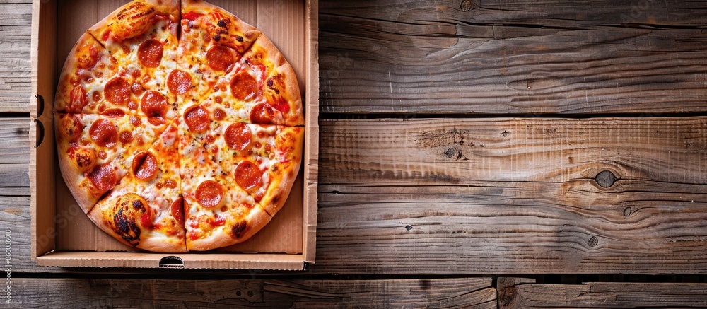 Aufkleber Top view of a pizza on a wooden surface in a cardboard box with ample copy space image, showcasing the concept of pizza delivery with selective focus.