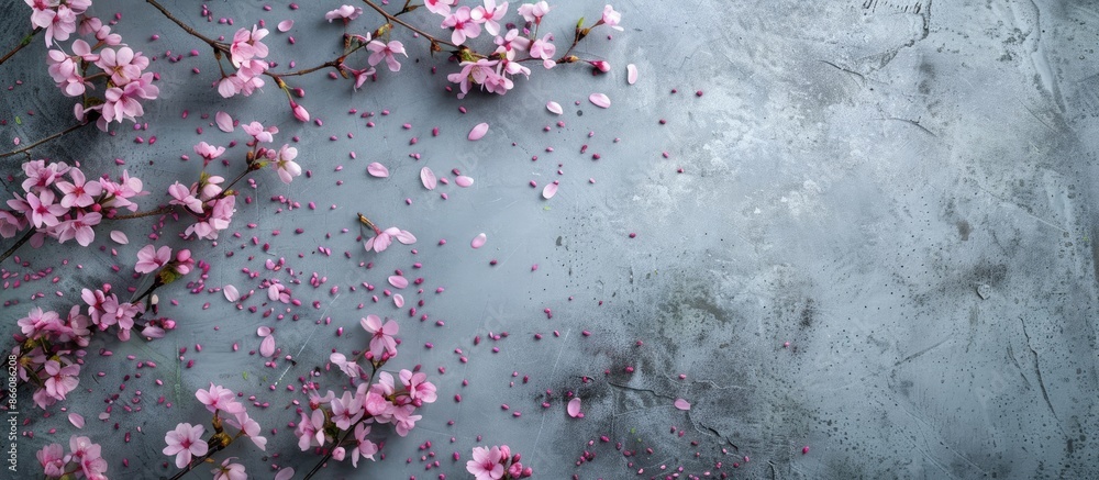 Poster flatlay of cherry blossoms on a concrete surface creating a spring-inspired mood with room for text 