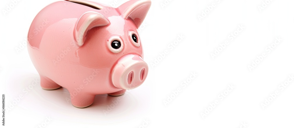 Poster A piggy bank displayed against a white background with ample copy space image.