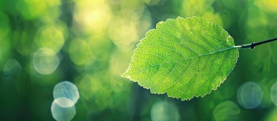 Close-up view of a green mulberry leaf against a blurred background creating a bokeh effect, ideal for a copy space image.