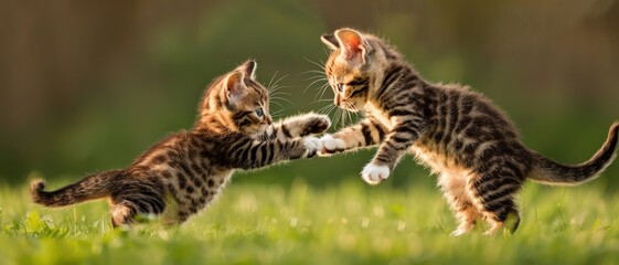 Obraz premium Two playful kittens engaging in a fun, action-packed tussle on a grassy field with a blurred natural background.