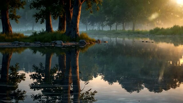 reflection of water from trees in beautiful lake in the morning