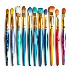 Fototapeta premium Vibrant Paintbrushes Arranged on Isolated White Background with Copyspace