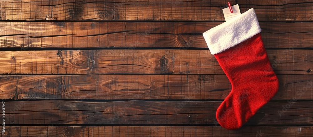 Poster a festive christmas stocking and a letter placed on a rustic wooden backdrop, with a blank copy spac