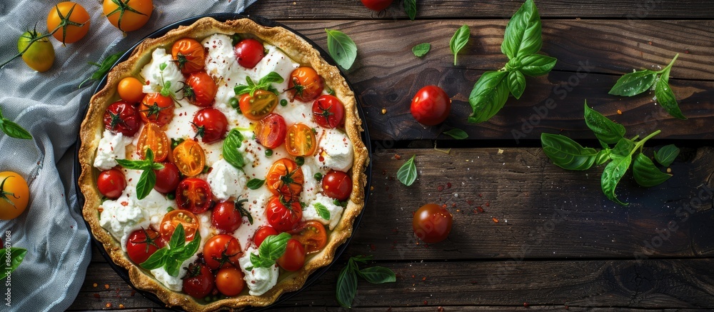 Poster overhead view of a rustic background showing a cherry tomato tart with homemade ricotta cheese, fres