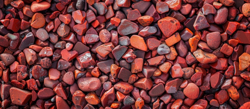 Aufkleber background and texture featuring decorative red pebbles used around plants in garden or backyard, id