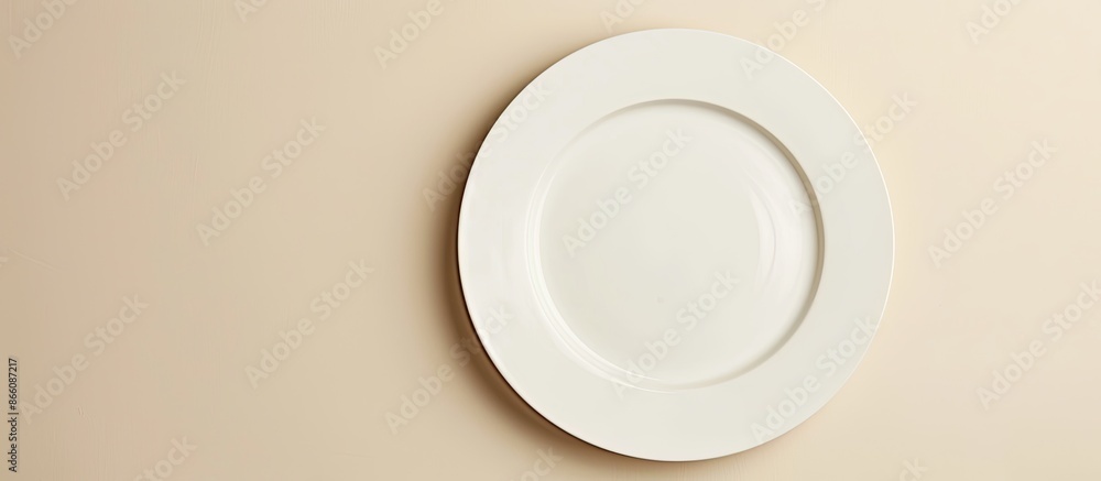 Poster top-down view of a blank white plate against a beige surface with ample space for text or images, id