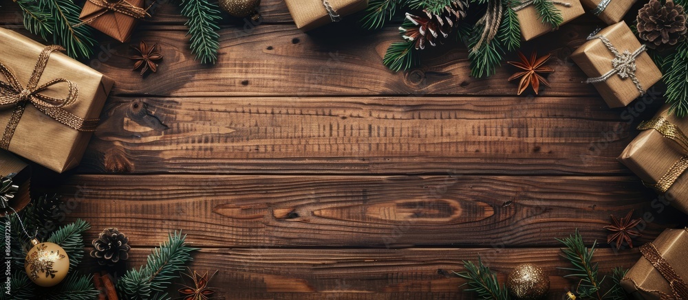 Poster a festive christmas and new year arrangement is showcased on a wooden surface, featuring a postcard 