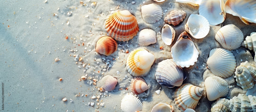 Aufkleber seashells scattered on the sandy beach, creating a serene and picturesque scene with plenty of copy 