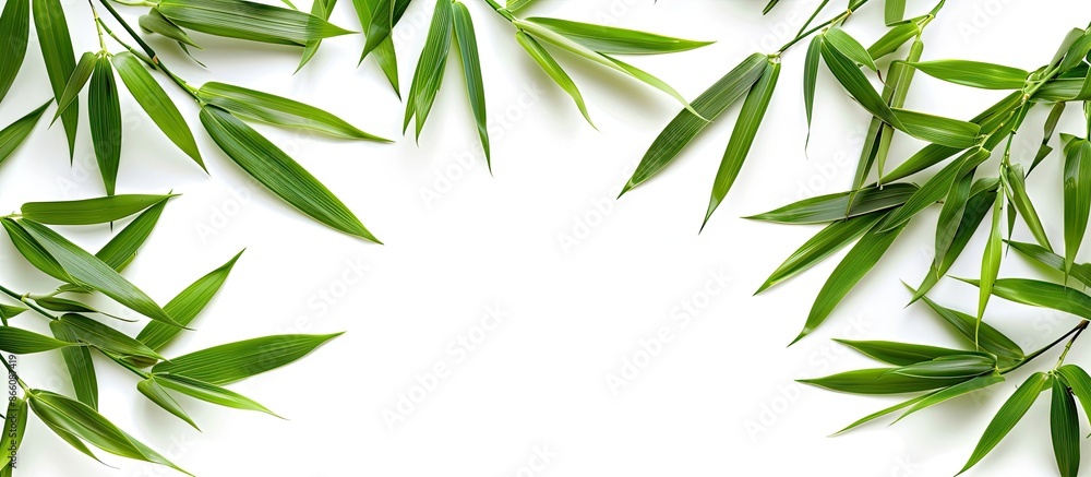 Poster bamboo leaves arranged with copy space image on a white background.