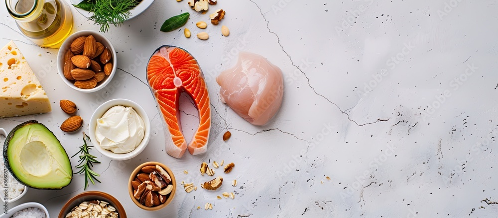 Poster Display of keto diet items on a light grey marble surface with room for text in the image. Copy space image. Place for adding text and design