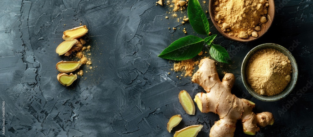Leinwandbilder ginger powder, fresh root, and leaves displayed on a grey table in a flat lay composition, providing