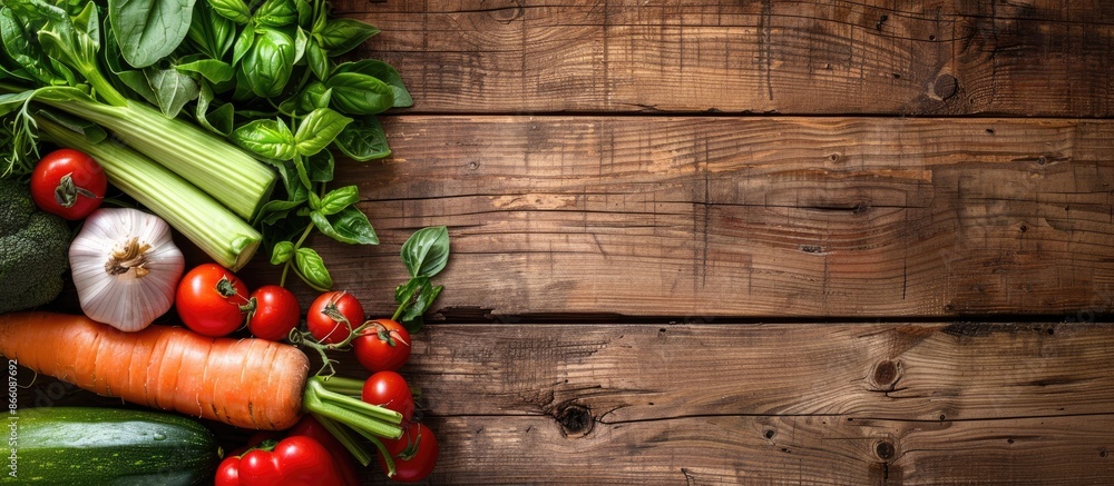 Poster fresh organic vegetables displayed on a wooden table with copy space image in the center, illustrati