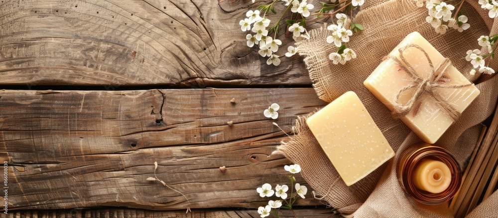 Poster Handmade organic soap and facial cleanser displayed on a rustic wood background with ample copy space image.