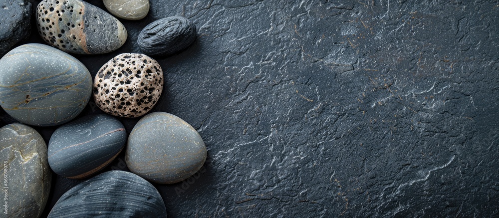 Poster sea stones arranged in a minimalistic style on a black background with copy space image.
