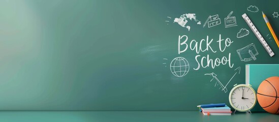 3D Cartoon Rocket with School Supplies and Back to School Text