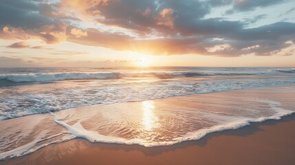 Obraz premium Serene beach scene at sunset, showcasing vibrant ocean hues and tranquil waves. Sandy shores and a picturesque horizon create a breathtaking coastal vista.