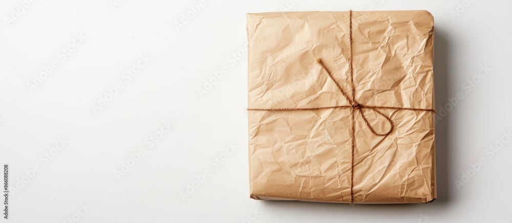 Aufkleber package wrapped in brown kraft paper against a white backdrop with copy space image.