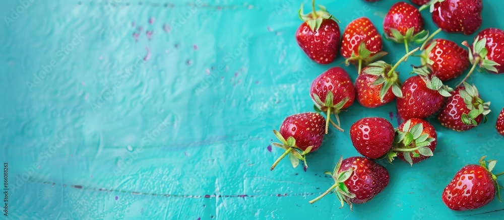 Poster fresh wild strawberries on a vibrant turquoise background with copy space image.