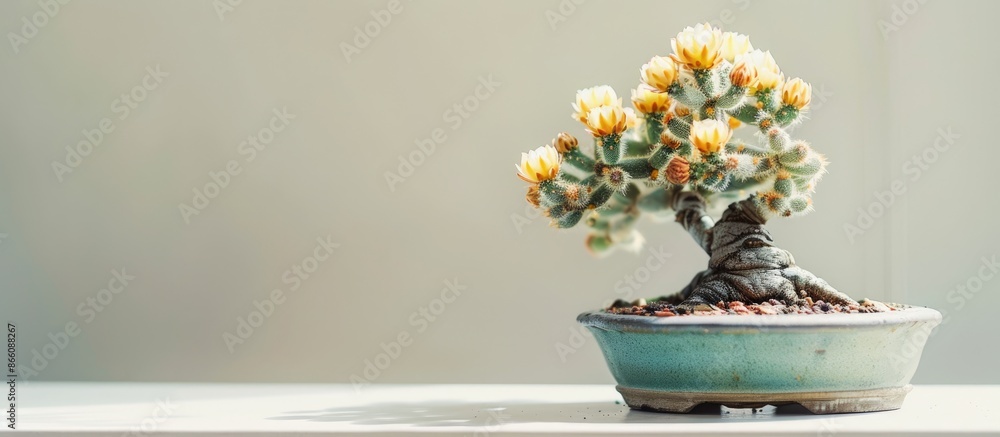 Poster detailed image of a bonsai cactus with space for text, featuring a yellow tower cactus, a decorative