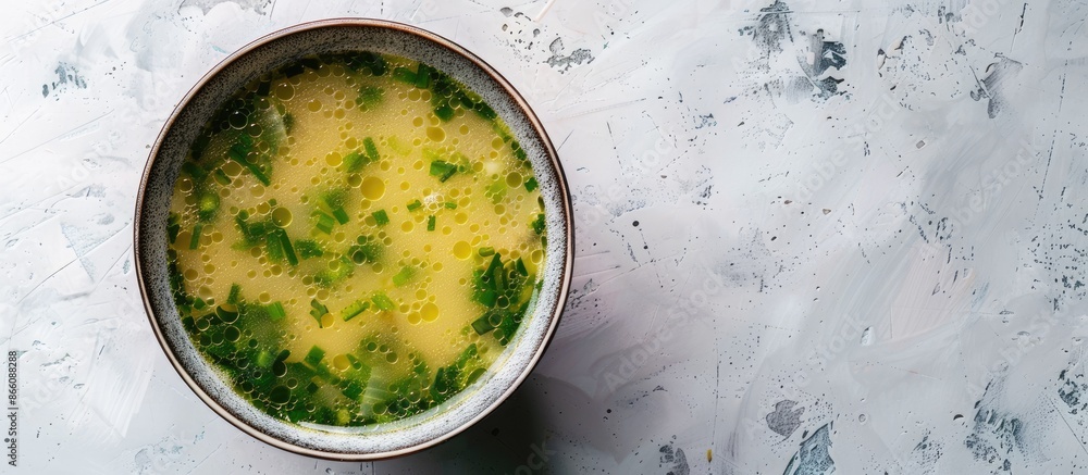 Aufkleber a flavorful cup of miso soup displayed on a plain white surface with ample copy space image.