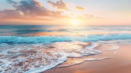 Serene beach scene at sunset, showcasing vibrant ocean hues and tranquil waves. Sandy shores and a picturesque horizon create a breathtaking coastal vista.