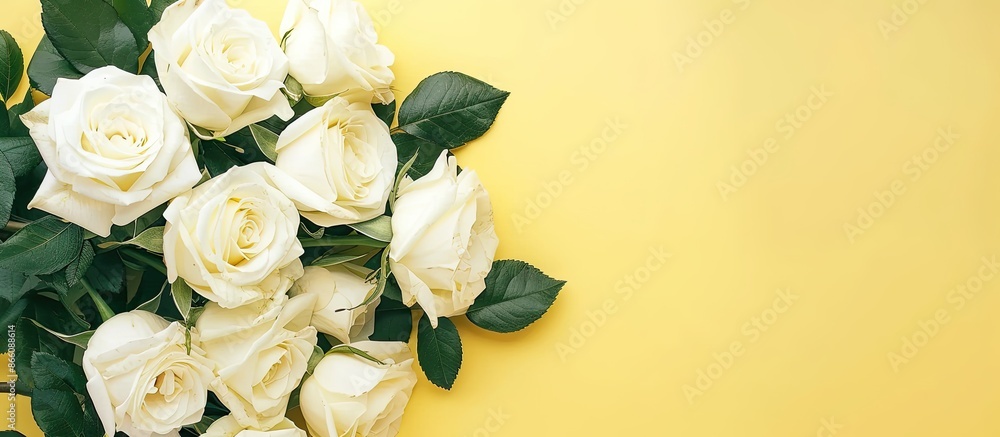 Fototapete Top view photo of white roses on a yellow background with space for text or image overlaid. Copy space image. Place for adding text and design